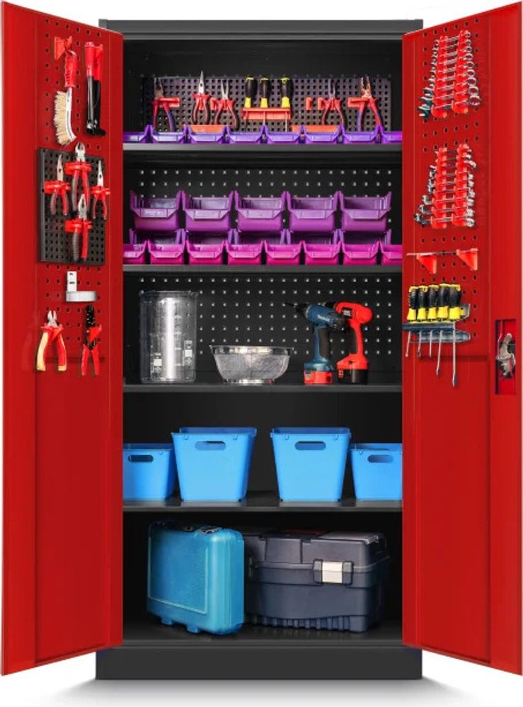 Werkzeugschrank TC01A Werkstattschrank Garagenschrank Lochwand 4 Fachböden Flügeltüren Stahlblech 185 cm x 92 cm x 50 cm, Farbe: Anthrazit/rot
