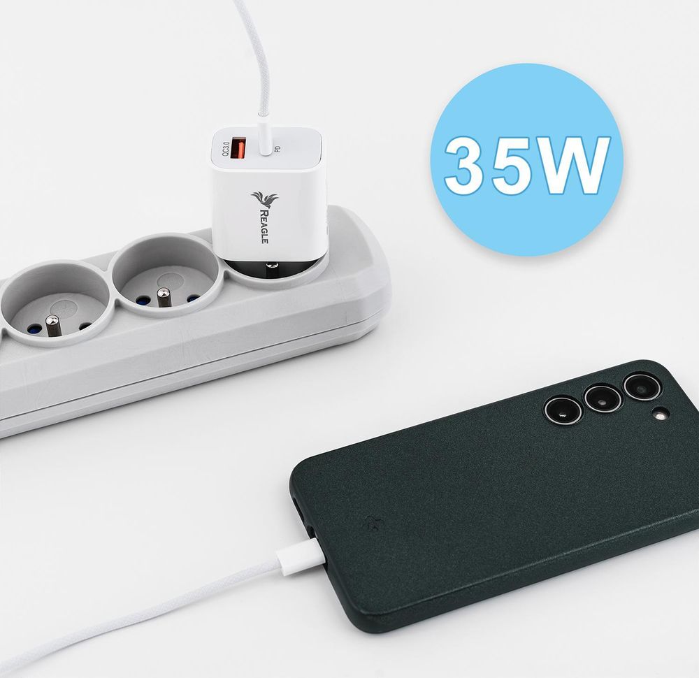 Schnelles Ladegerät 35W USB C PD 3.0 USB A QC 3.0 für iPhone 15 Pro Max Samsung Galaxy S24 S23 Ultra Xiaomi Oppo Huawei Netzteil Stecker Reagle Weiß