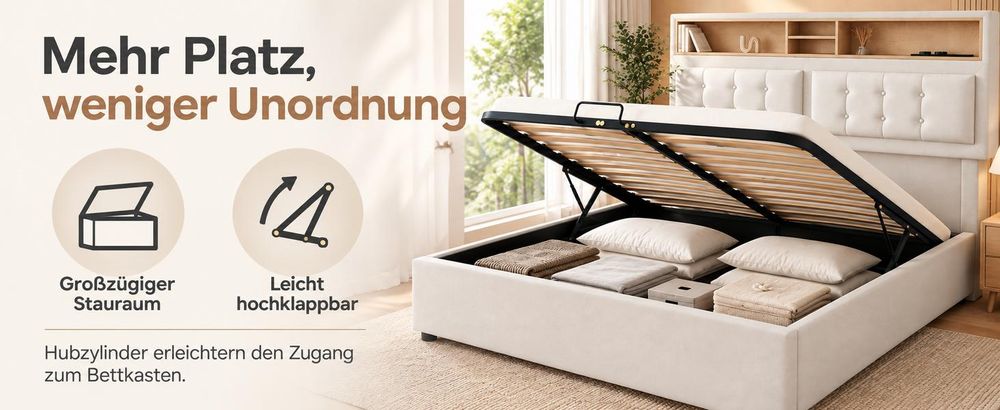 okwish Polsterbett 160×200 mit verstellbarem Kopfteil und Stauraum,Doppelbett mit USB-und Typ-C-Anschlüssen,Beige,ohne Matratze