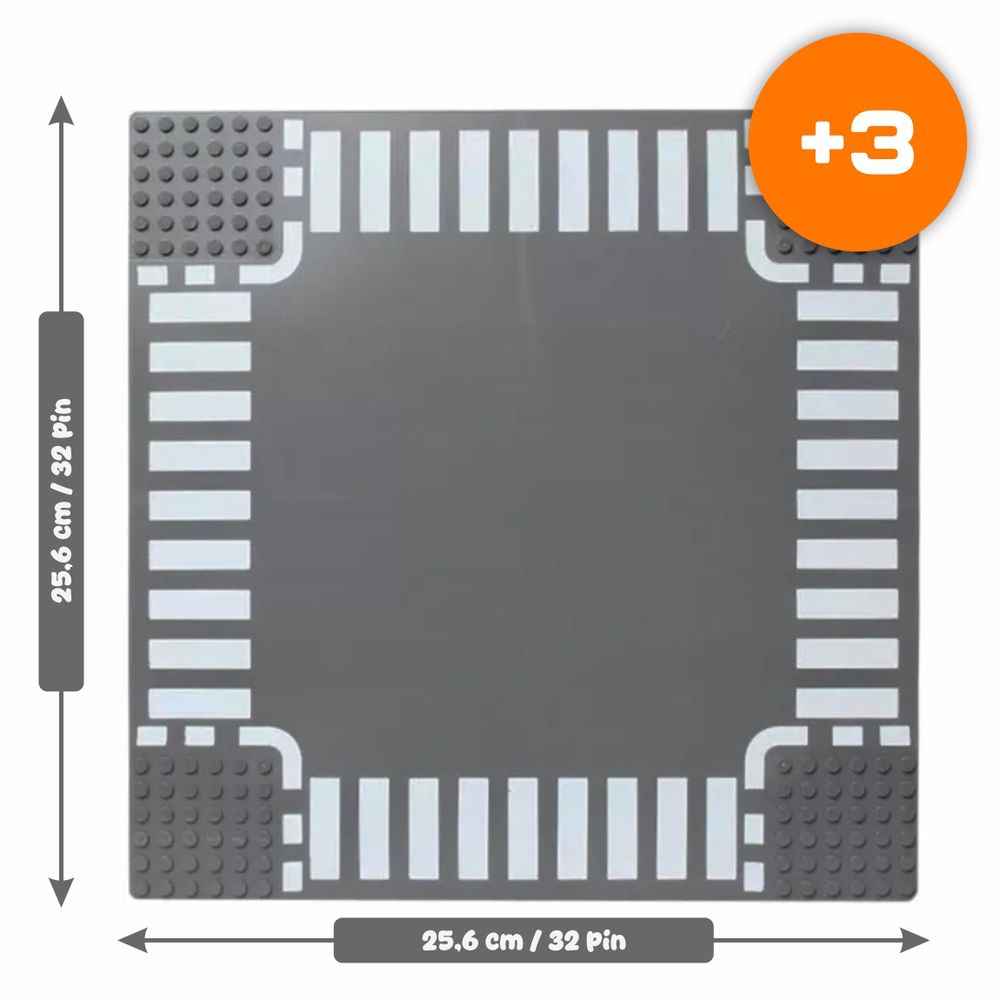 Bauplatte Straße Kreuzung 32x32 Noppen, Straßenplatte kompatibel mit gängigen Bausteinen, 25,6 x 25,6 cm, EVI KIDS, Grau