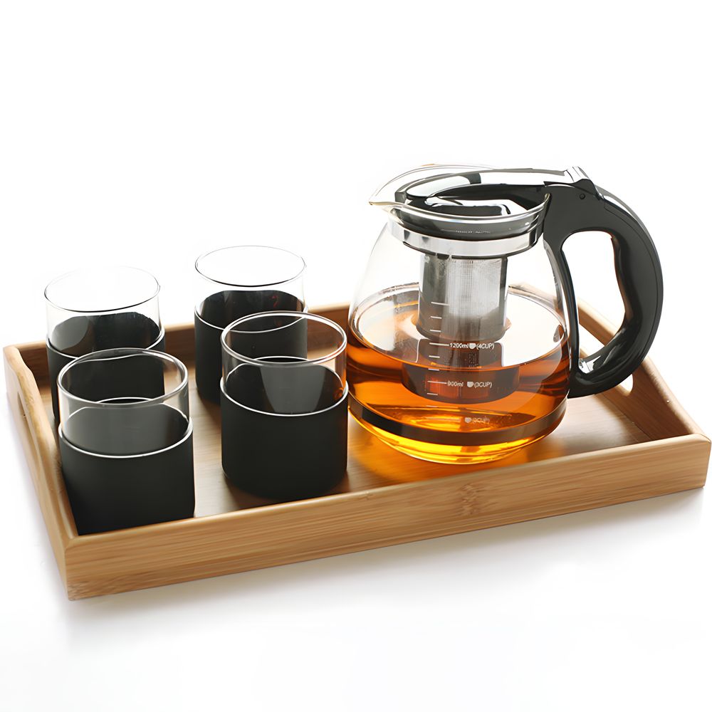 Glas Teekanne 2 l 2000 ml mit Edelstahlsieb Glaskanne Teebereiter Siebeinsatz Hitzebeständige Ergonomisch Tee Saft BPA-frei Schwarz Retoo