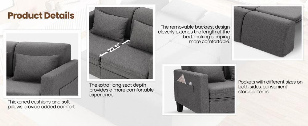 6-in-1 Multifunktions-Schlafsofa 150cm, Ausziehbares Doppelbett mit abnehmbarer Rückenlehne, Staufächern & 2 Kissen,Modernes Leinen-Futon