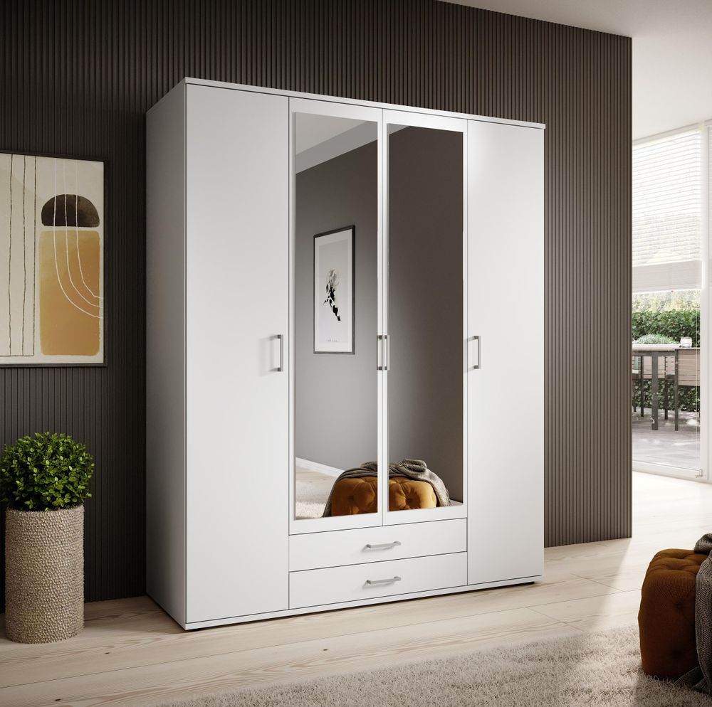 Kleiderschrank Weiß/Spiegel – moderner Schlafzimmer-Kleiderschrank mit Spiegeltüren und viel Staurau