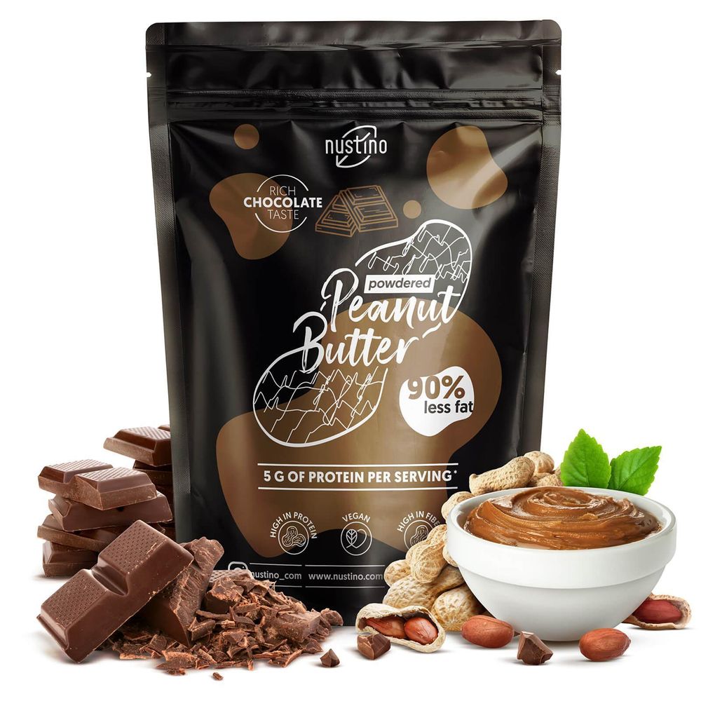 Nustino – arašídové máslo v prášku Chocolate 400 g – o 90 % méně tuku – s pravým kakaem – bohaté na bílkoviny – s nízkým obsahem tuku – bez palmového oleje – bez cukru