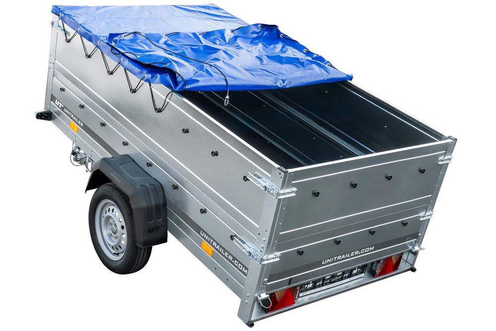 Anhänger mit faltbarer Deichsel GARDEN TRAILER 230 KIPP mit zusätzlichen Bordwänden, Stützrad und blauer Flachplane