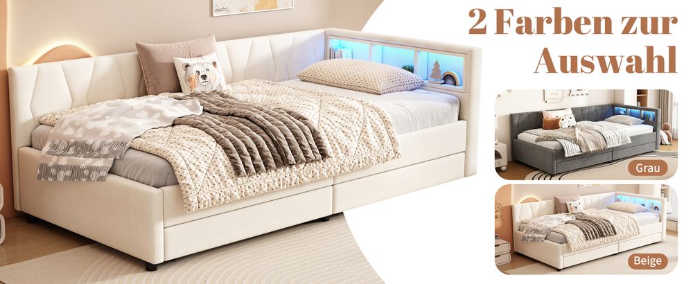 MODFU Schlafsofa Tagesbett 90x200cm mit LED-Umgebungslicht, USB+Typ C und Ablagefach am Bett,Daybett Kinderbett, Polsterbett Jugendbett, Beige(Ohne Matratze)
