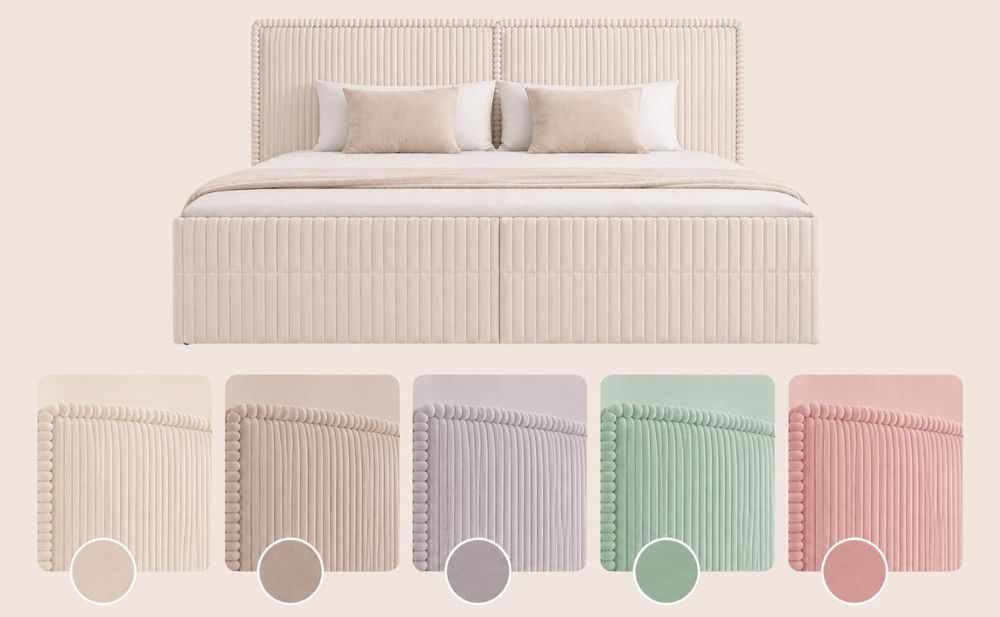 MOEBLO Boxspringbett Bett 04 – Boxspringbett aus Cord, Polsterbett Kontinentalbett Doppelbett mit Bonell-Matratze, Topper und Bettkasten (gepolstertes Kopfteil, Boxspring) - 160 x 200 - Ambience 02 Creme