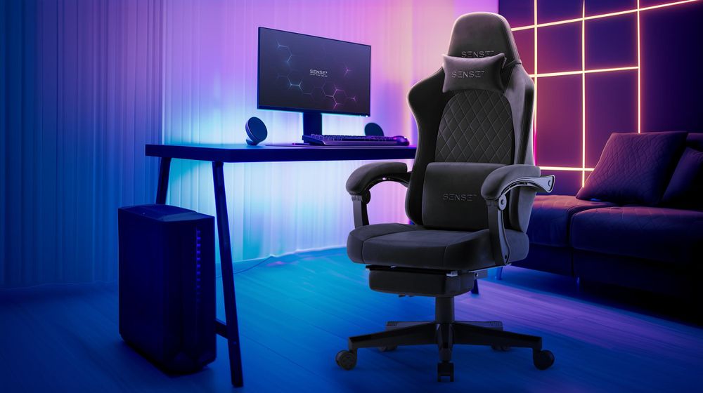SENSE7 Devon Gaming Stuhl Stoff Schwarz - Ergonomischer Bürostuhl mit Fußstütze PC Schreibtischstuhl Zockerstuhl Alcantara 120 kg