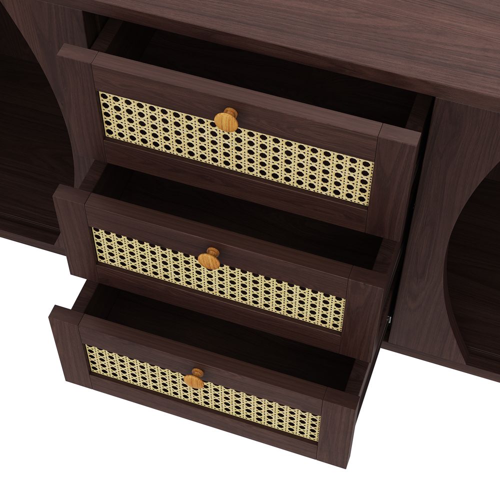 MODFU Kommode Sideboard mit 3 Schubladen und 2 Schiebetüren, Schrank Buffet Rattanschrank für Wohnzimmer, Schlafzimmer, Kinderzimmer, Jugendzimmer und Büro, Holzfarbe