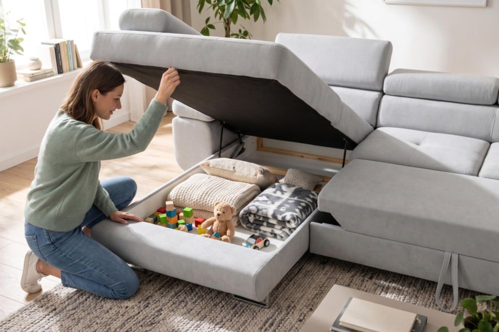 Frau öffnet Bettkasten Ecksofa Luca – Stauraum mit Decken und Spielzeug