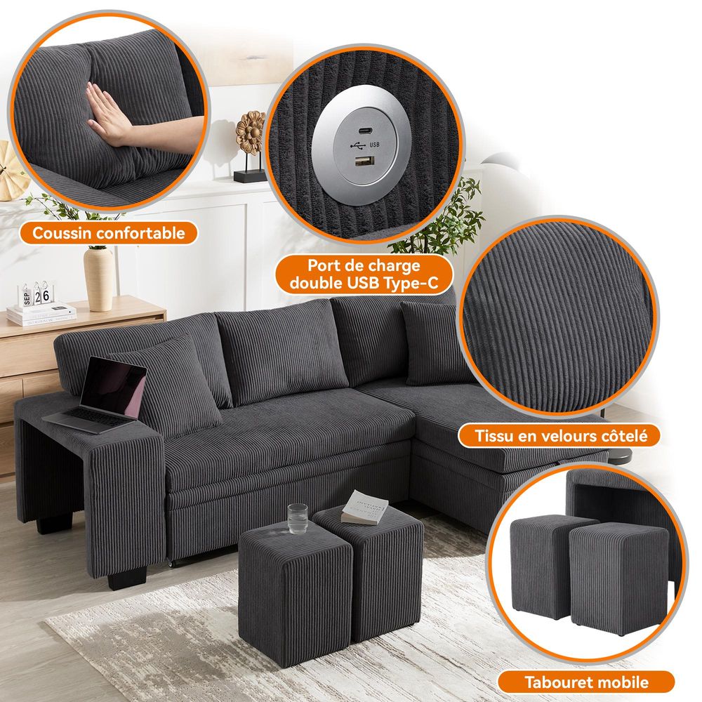 okwish L-förmiges umbaubares Ecksofa 3-Sitzer-Umbausofa mit USB-Ladeanschluss und Kissen,Klappsofa mit Schlaffunktion und Seitenablagen,Grau