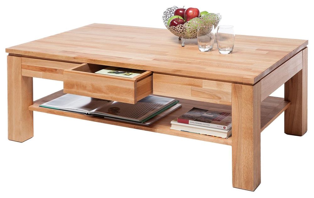 Kennan I – Couchtisch aus Massivholz mit Ablageboden und Schubkasten