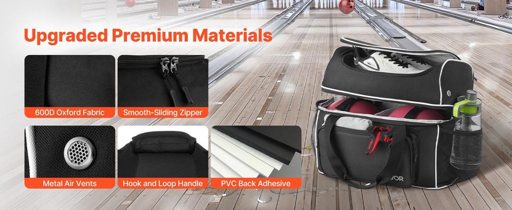VEVOR Bowlingballtasche, 2-Ball-Doppelroller-Bowlingtasche mit Rädern, mit einem separaten Fach für Schuhe (bis US-Größe 16) und übergroßer Zubehörtasche, ausziehbarer Griff bis 1050 mm, Schwarz und Weiß-2 Bälle