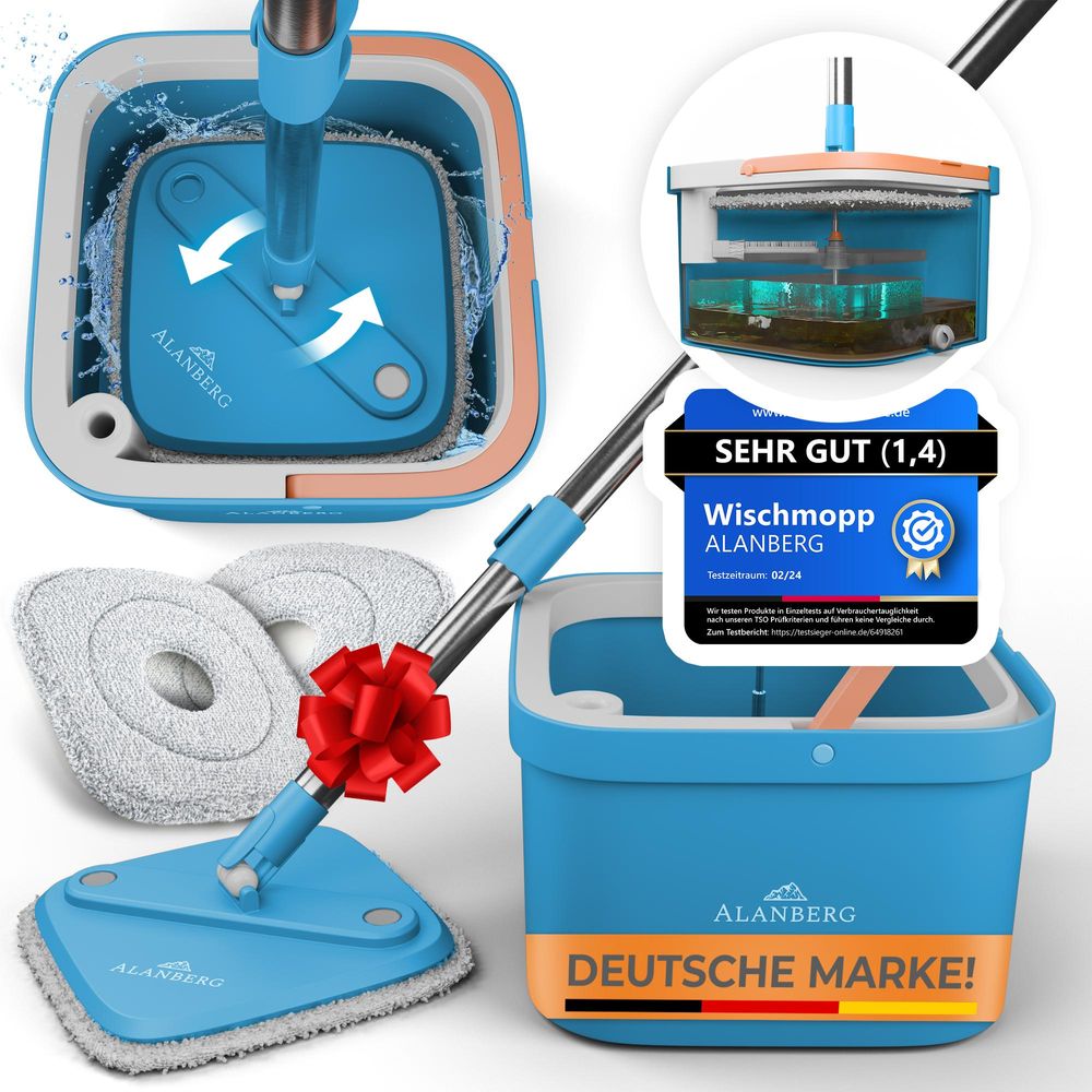 ALANBERG® Wischmopp Set mit Eimer – 2 Kammersystem für Schmutz- & Frischwassertrennung, selbstauswringender Bodenwischer (Blau) für alle Bodenarten