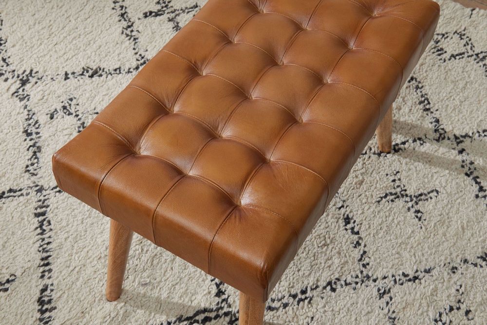 WOHNLING Sitzhocker 67x47x39 cm Mango Massivholz / Echtleder Chesterfield-Design Lederhocker Braun Beistellhocker Hocker ohne Lehne Country Fußhocker