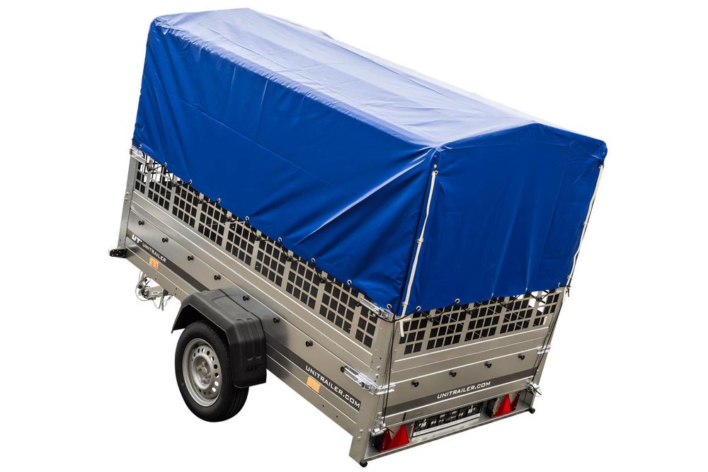 Przyczepka jednoosiowa 230x125 UNITRAILER GARDEN 230 KIPP z burtami siatkowymi, stelażem H-800 i plandeką niebieską