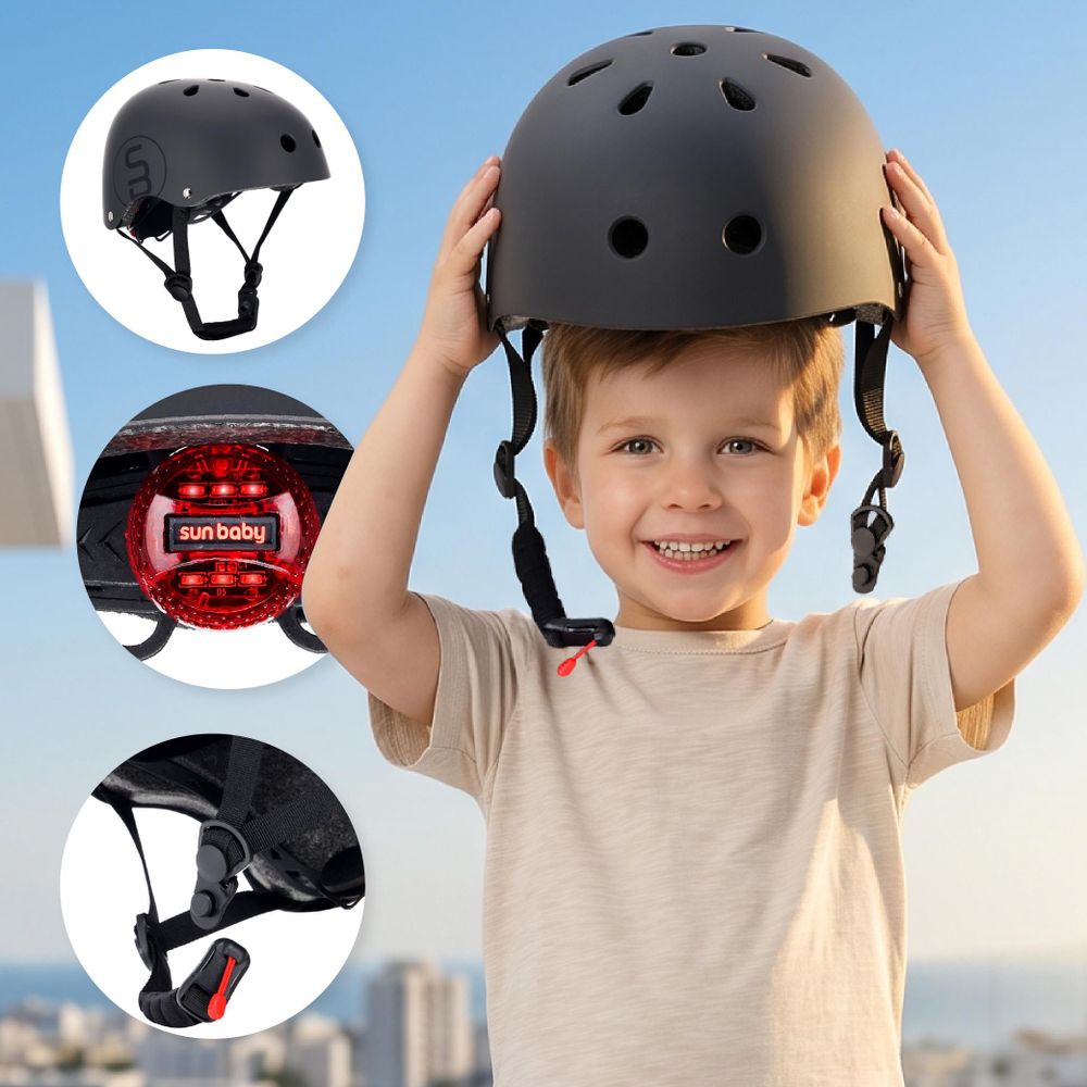 Kind setzt sich den Helm auf, Detailansichten von Magnetverschluss und LED-Licht.