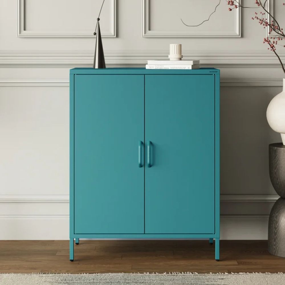 Jan Nowak Kommode mit Doppeltür VITO kleiner Schrank Magnetverschluss verstellbare Einlegeböden Metall Wohnzimmer Flur, 80 x 101,5 x 40 cm, Seegrün