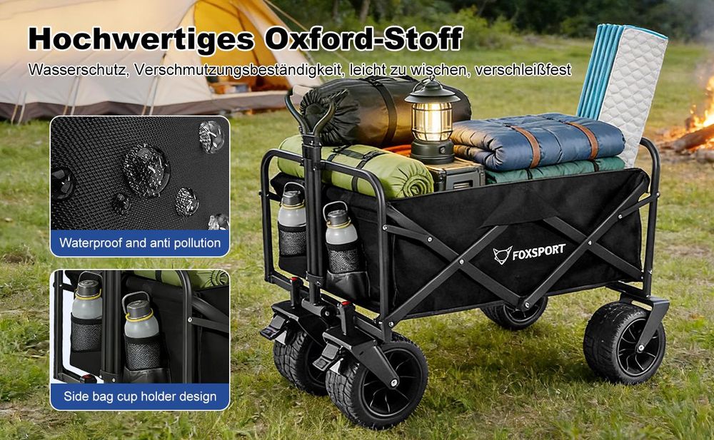 FOXSPORT Bollerwagen Faltbar, Handwagen bis 100kg belastbar, mit verstellbarer Griff, Gartenwagen für Strand, Garten, Einkäufe, 94 x 58 x 59CM,Schwarz