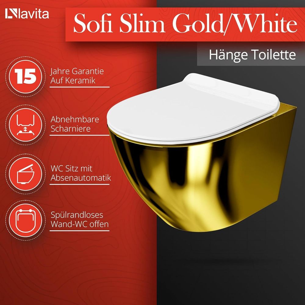 LAVITA Wand-WC Sofi Slim Gold/White | HŠnge Toilette | Toilettendeckel mit Absenkautomatik & Metallscharniere | Toiletten SpŸlrandlos HŠngend | Toilettenbecken | 365x490x395 cm | Wei§/Gold