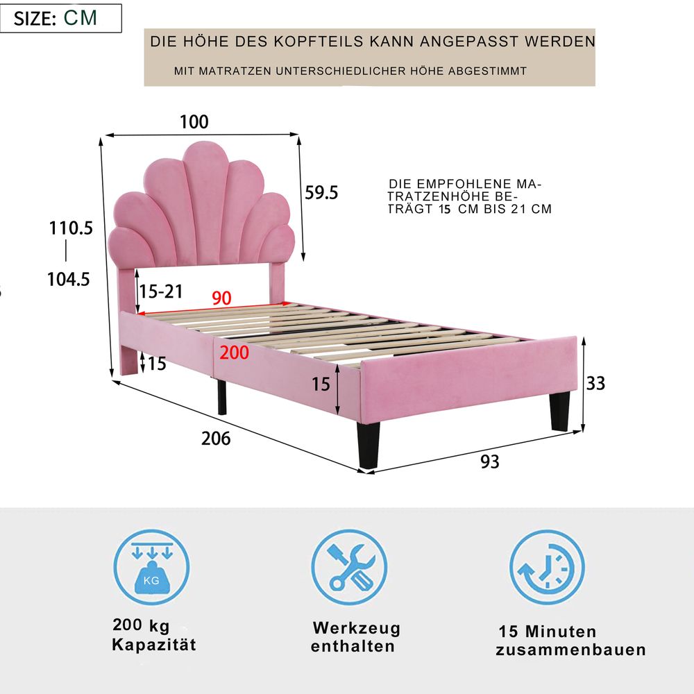 Flieks Polsterbett 90x200cm Samt mit Blumenform-Kopfteil und Lattenrost Einzelbett Kinderbett für Damen Kinder Jugend