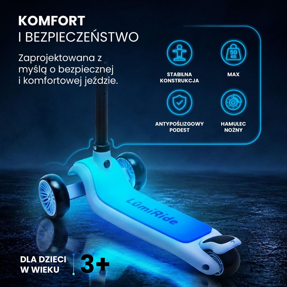 Monopattino bambini SUN BABY LUMI RIDE con struttura stabile e dettagli di sicurezza.