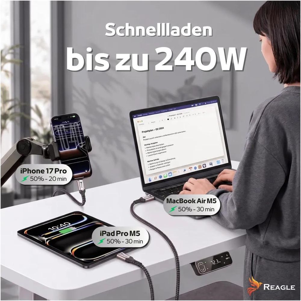 Reagle RUC300S USB-C Kabel – Power 240W Schnellladen für Laptop Smartphone und Tablet