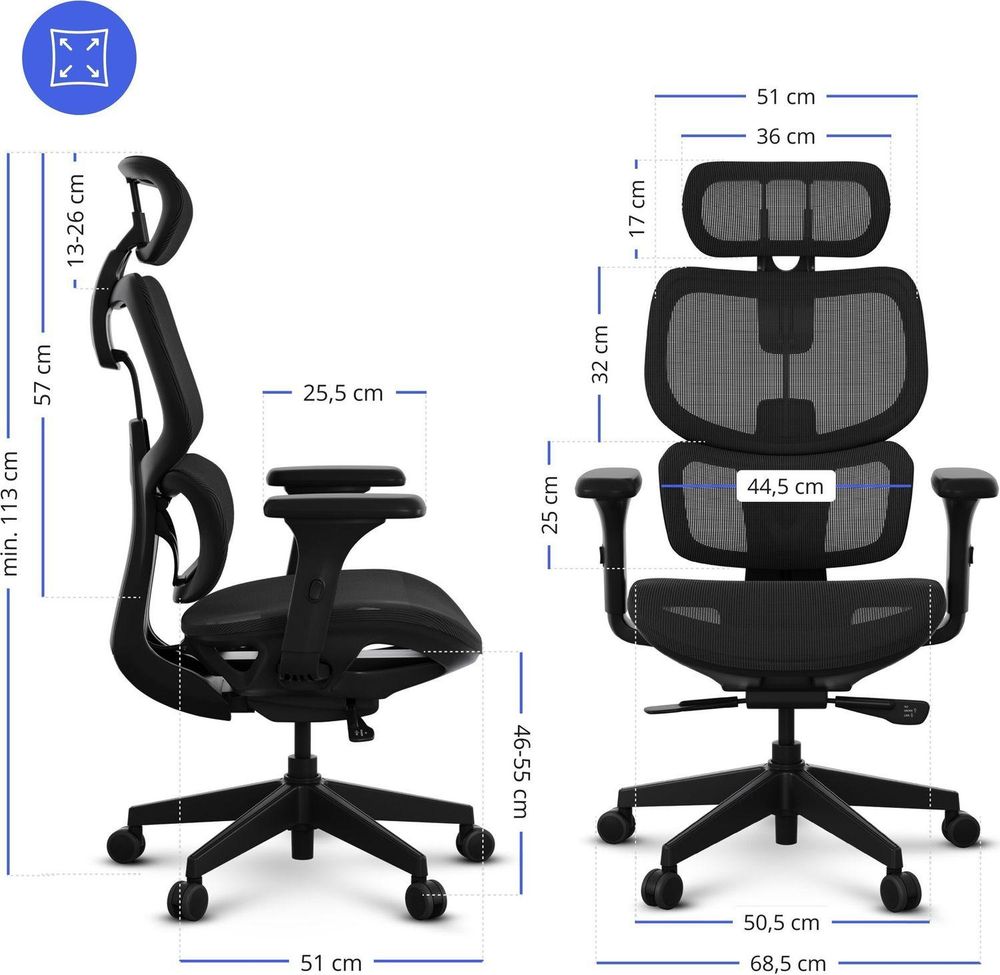 SENSE7 Nobu Ergonomiczne krzesło biurowe, czarne, z podłokietnikami 3D, zagłówkiem, oparciem z siatki i funkcją kołysania – fotel biurowy do domowego biura, nośność 130 kg