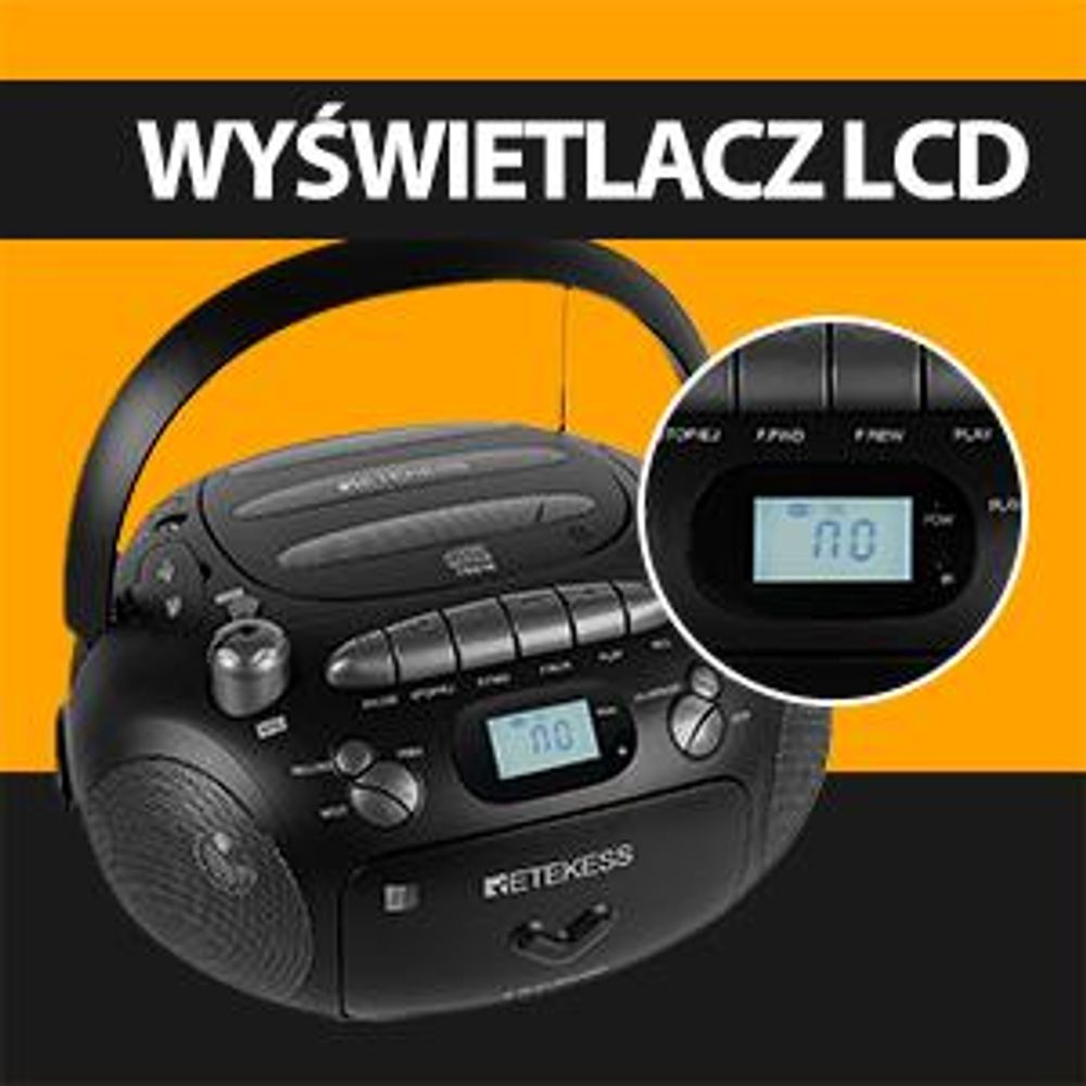 Retekess TR630 Radio z CD, Boombox z kasetą, Radio na baterie, Wyświetlacz LCD, Dźwięk stereo, USB SD TF, Odtwarzacz CD na kemping na zewnątrz