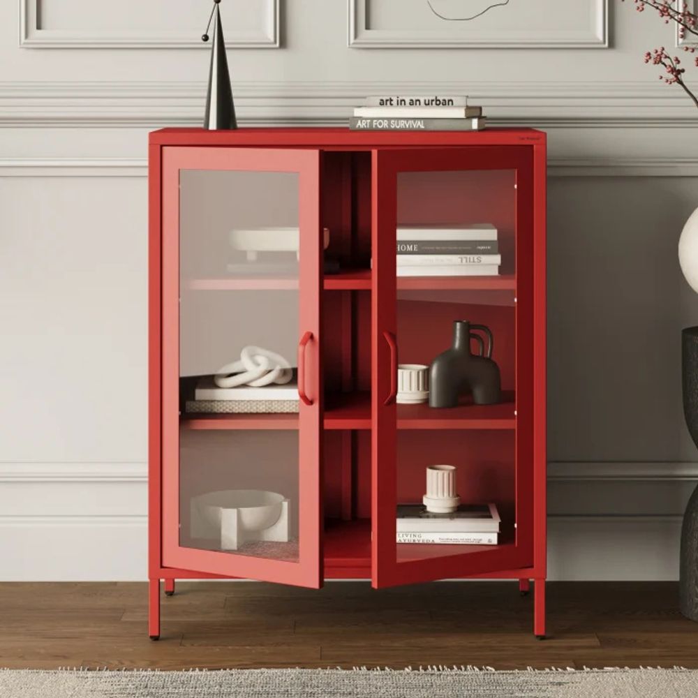 Jan Nowak kleiner Vitrinenschrank Kommode mit 2 Glastüren Gina 2 verstellbare Einlegeböden Standschrank aus Metall, 80 x 101,5 x 40 cm, Rot