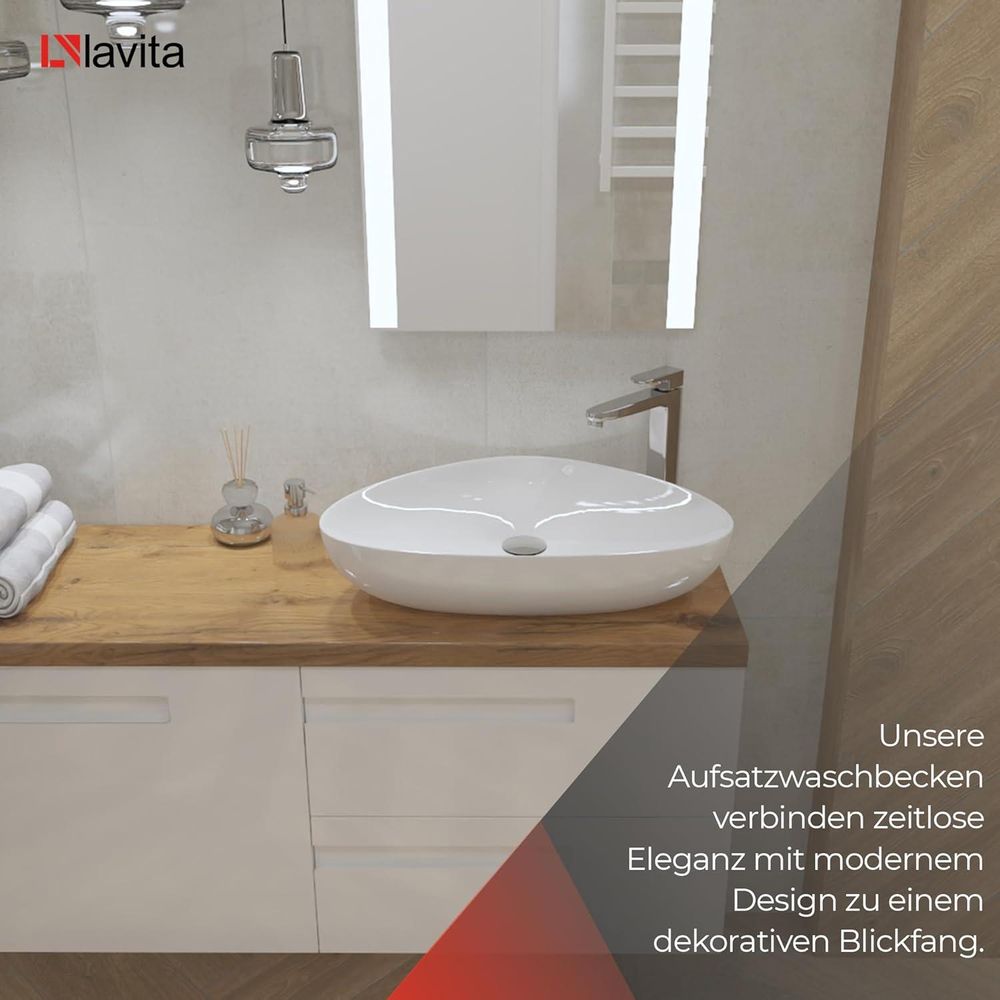 LAVITA Aufsatzwaschtisch Triango | Aufsatzwaschbecken Dreieckig | Waschbecken Ohne Überlauf und Hahnloch | Aus hochwertigem Porzellan | Waschtisch | 59x39x13,5 cm | Weiß Glanz