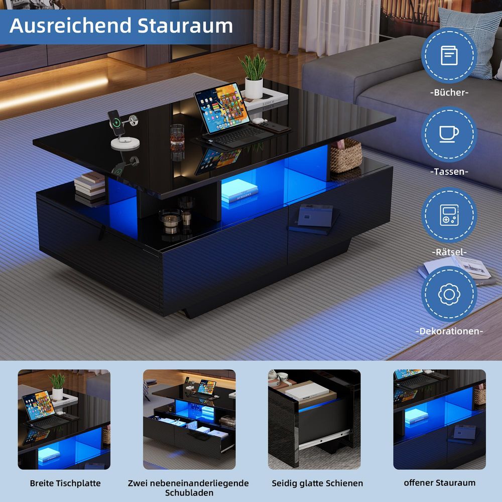 okwish Hochglanz-Couchtisch Beistelltisch mit LED-Beleuchtung und 2 Schubladen,Sofatisch mit Stauraum,Belastbar bis 30 kg,Schwarz