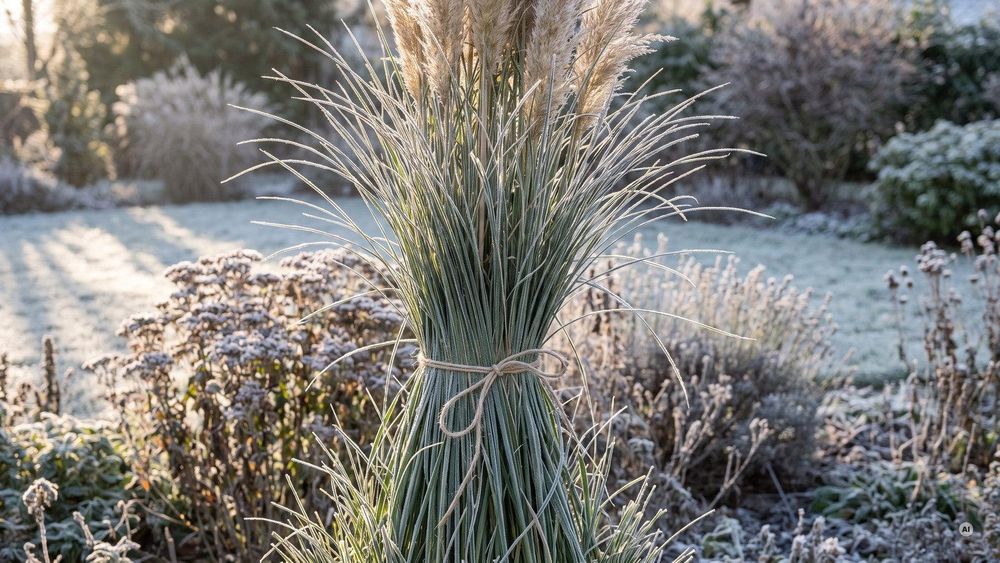 Cortaderia selloana 'Rosea' im Winter mit Raureif, Laub zusammengebunden