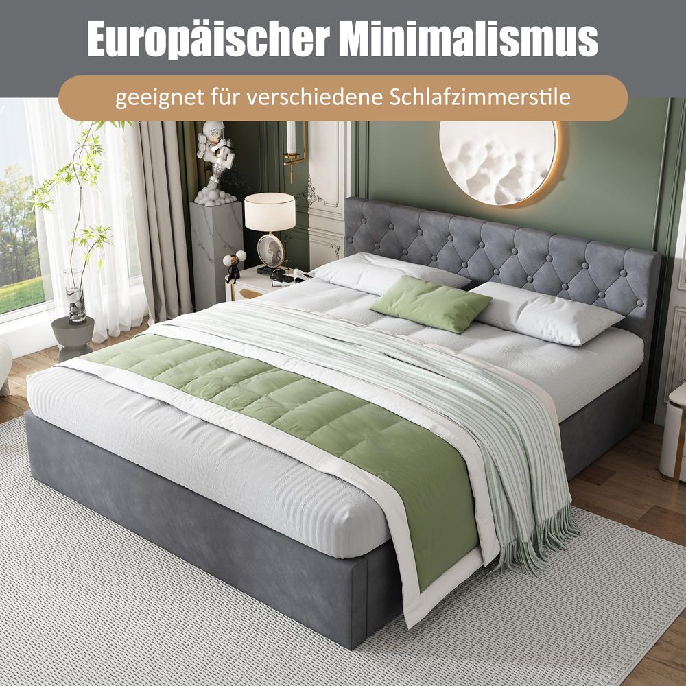Merax Hydraulisches Boxspringbett 140x200cm mit Bettkasten, Samt Polsterbett mit Lattenrost und Stauraum, Stauraumbett Funktionsbett Doppelbett, Grau