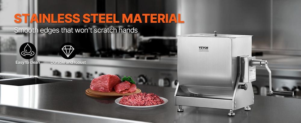 VEVOR Handbetriebs Fleischmischer, 80L Festtank Fleischverarbeitungsgerät (Maximale Mischung 80LBS für Fleisch), Edelstahl Fleischmischer, Wurstmischmaschine mit Deckel, Handgetriebe, Hackfleisch Handmischer, 10 L-a