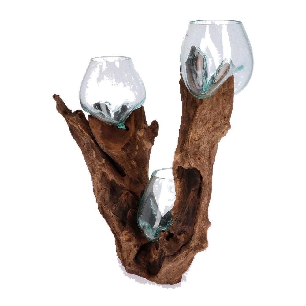 Wurzelholz-Skulptur mit 3 Glasgefäßen, ca. 55 cm: Dunkles Holz