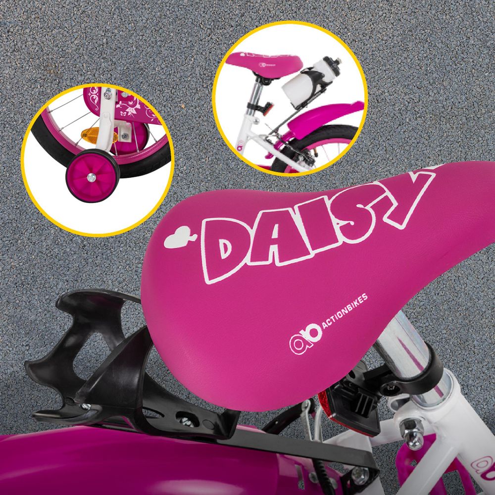 Actionbikes Kinderfahrrad Daisy 16 Zoll | Kinder Fahrrad - V-Brake Bremsen - Kettenschutz - Fahrradständer - Stützräder - Mädchenfahrrad - 4-7 Jahre