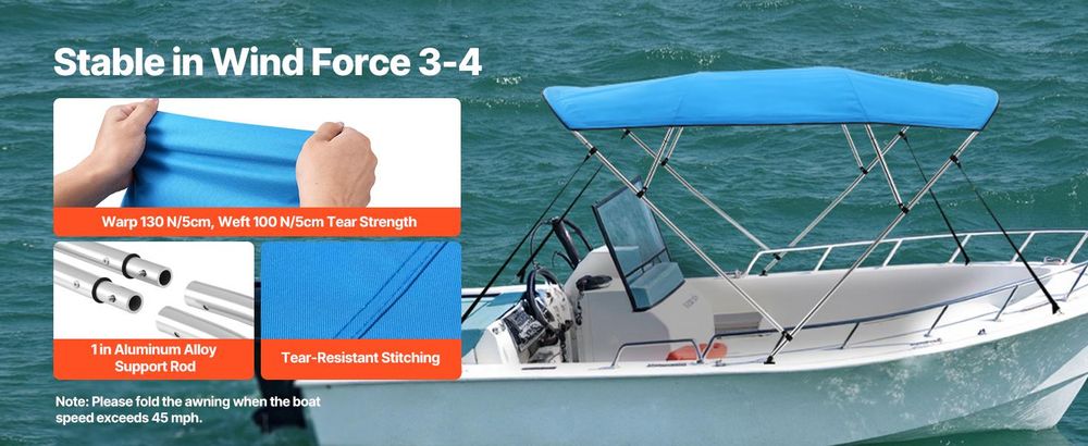VEVOR 4 Bogen Boot Bimini Tops, 600D Polyester Dach mit Aluminiumlegierungsrahmen, wasserdichtes & Sonnenschutz Bootsunterschlupfdach mit Tragetasche, 2 Stützstangen, 4 Riemen, 96"Lx(73"-78")Wx54"H, Pazifisch Blau, 96x(85-90)x54 Zoll, Pazifisches Blau-c