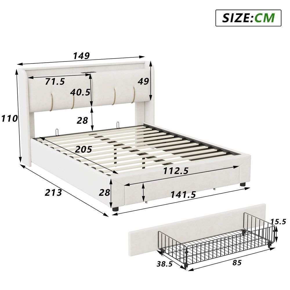 INONEFT Polsterbett 140x200cm mit LED & USB, Hydraulisches Stauraumbett , Samt Doppelbett Stauraumbett Funktionsbett, Beige