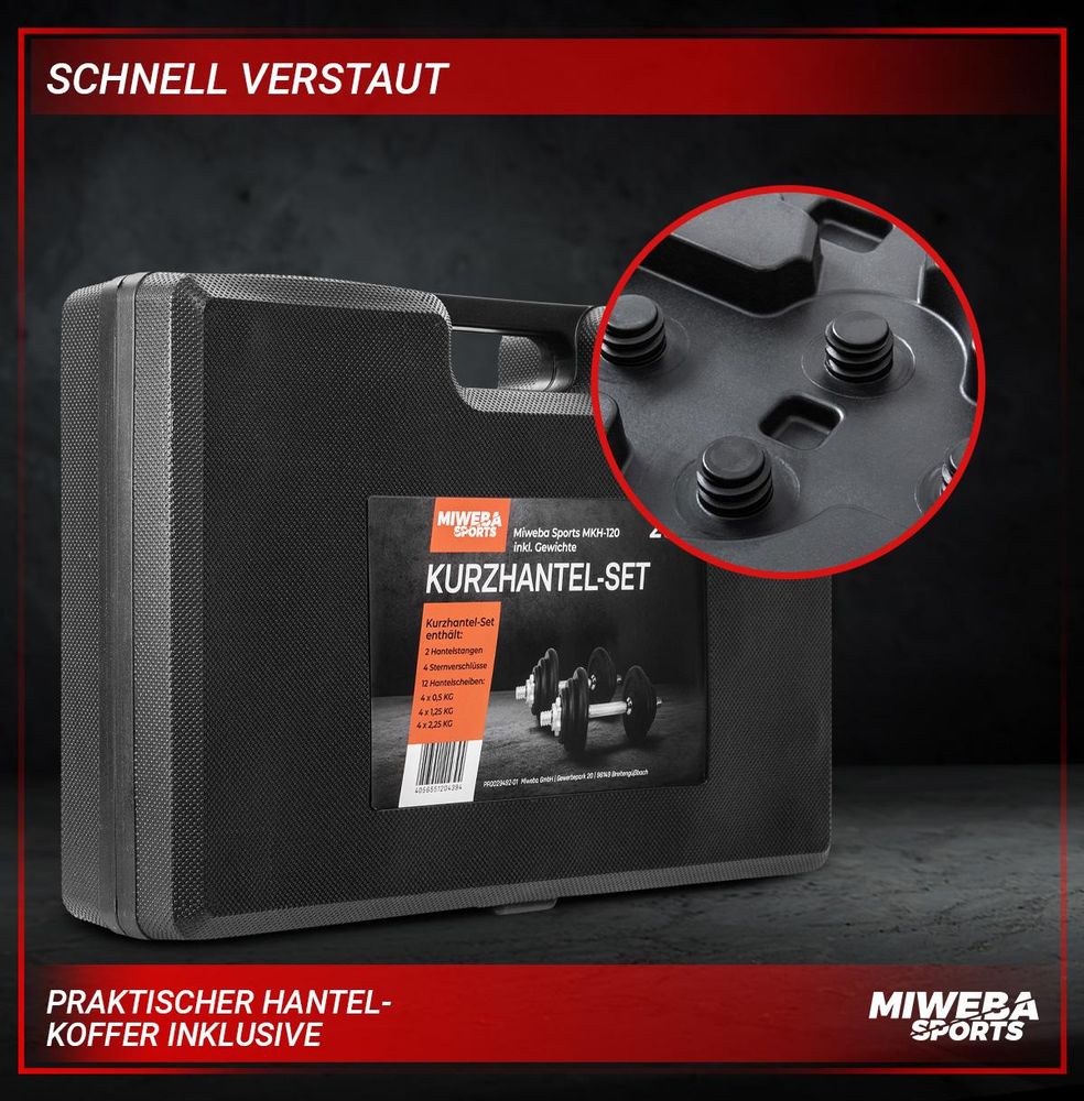 Miweba Sports Hantelset MKH120 | 20 kg - inkl. Kunststoffkoffer - 2x Hantelstange - 4x Sternverschluss - 4x 2,5 kg - 4x 1,25 kg - 4x 0,5 kg (Schwarz)