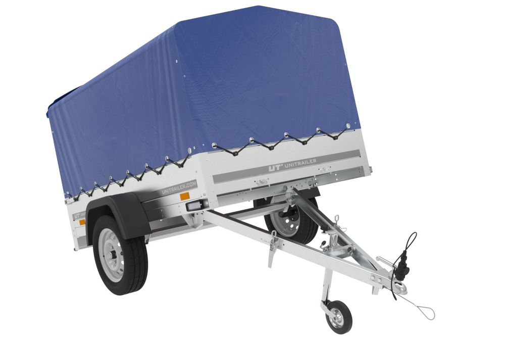 Auto Anhänger 230x125 Garden Trailer 230 KIPP Unitrailer 750 kg mit Stützrad, blauer Hochplane und Hochspriegel