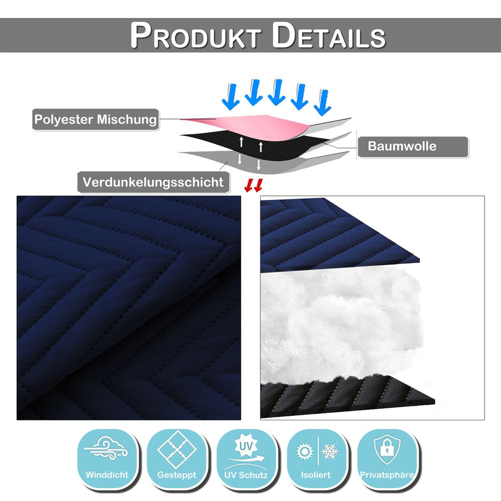 Thermo Vorhang Kälteschutz Verdunkelungsvorhang 370g/m² Wärmeisolierung Gardinen mit Kräuselband für Wohnzimmer Schlafzimmer, B140xH175cm, Blau