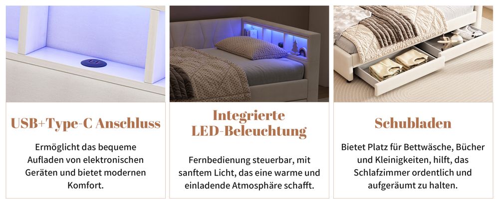 MODFU Schlafsofa Tagesbett 90x200cm mit LED-Umgebungslicht, USB+Typ C und Ablagefach am Bett,Daybett Kinderbett, Polsterbett Jugendbett, Beige(Ohne Matratze)