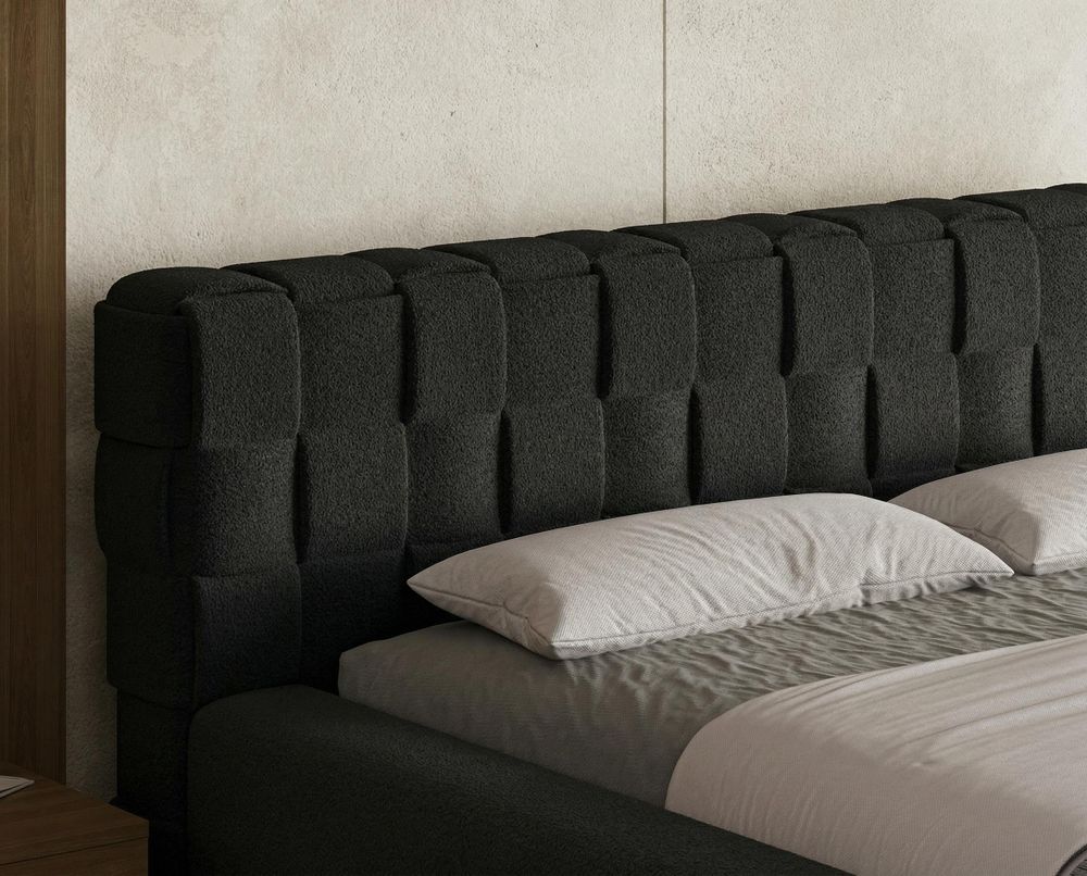 Chilly Möbel Design Bett Cube - Geometrisches Polsterbett mit Stauraum, Lattenrost und stabilem Metallrahmen 140x200 cm / Bouclé / Schwarz