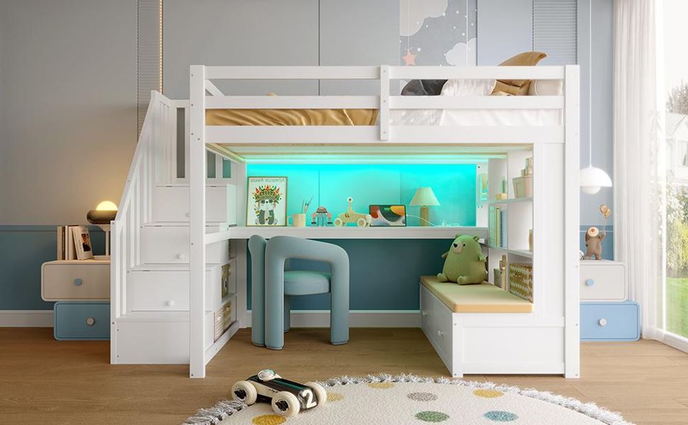 Merax Etagenbett 140x200, mit Schreibtisch, Regalen, LED, Schubladen & Stauraumtreppe, Hochbett Stockbett, Kinderbett Jugendbett, Weiß