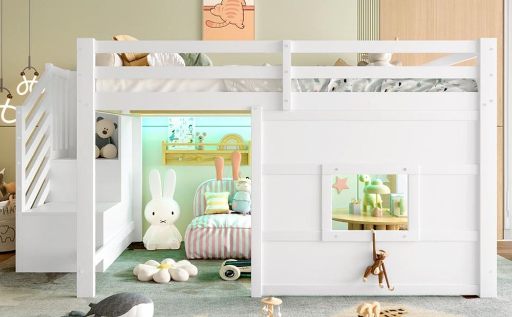 Merax Etagenbett 140x200 cm, mit Fenster, LED, Stauraumtreppe, Sicherheitshandlauf, Hochbett Kinderbett Holzbett, Jugendbett, Stockbett, Weiß