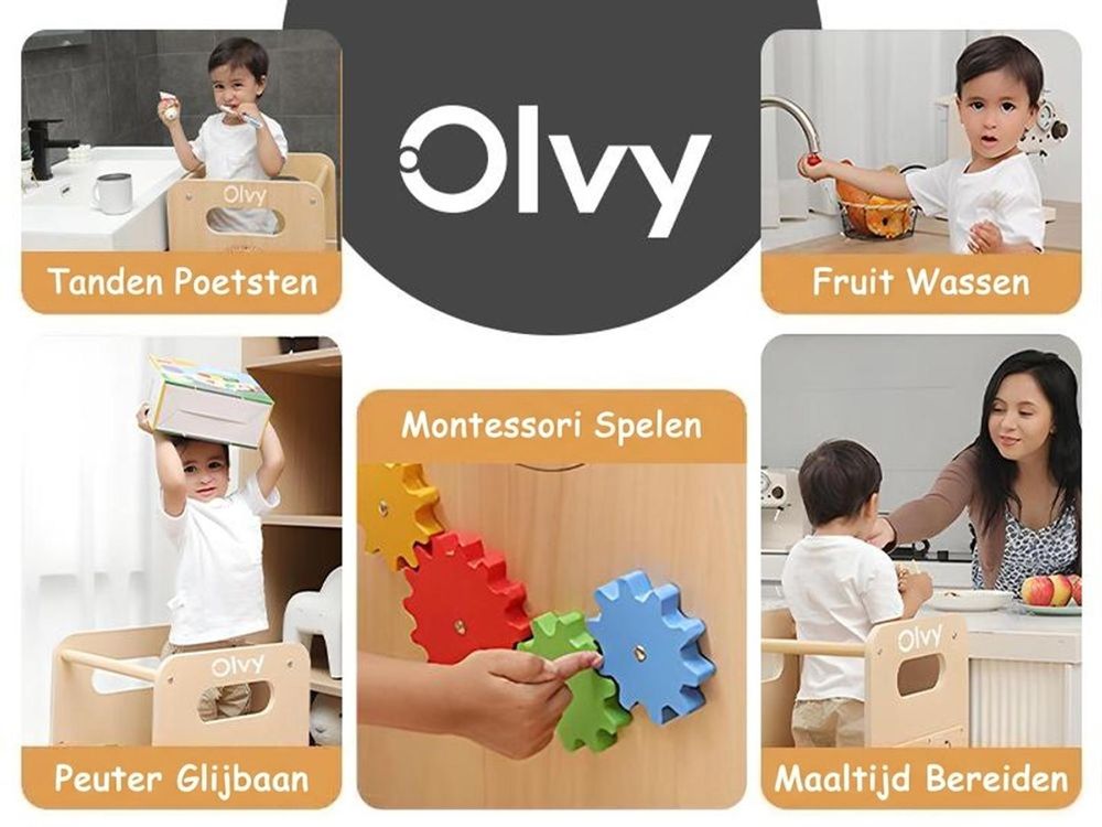 Olvy Leerstoel vanaf 1 jaar – 4-in-1 Montessori leertoren voor kinderen, met verstelbare hoogte, voorzien van een glijbaan, een bord en speelgoed, een multifunctionele kinderkeukenassistent