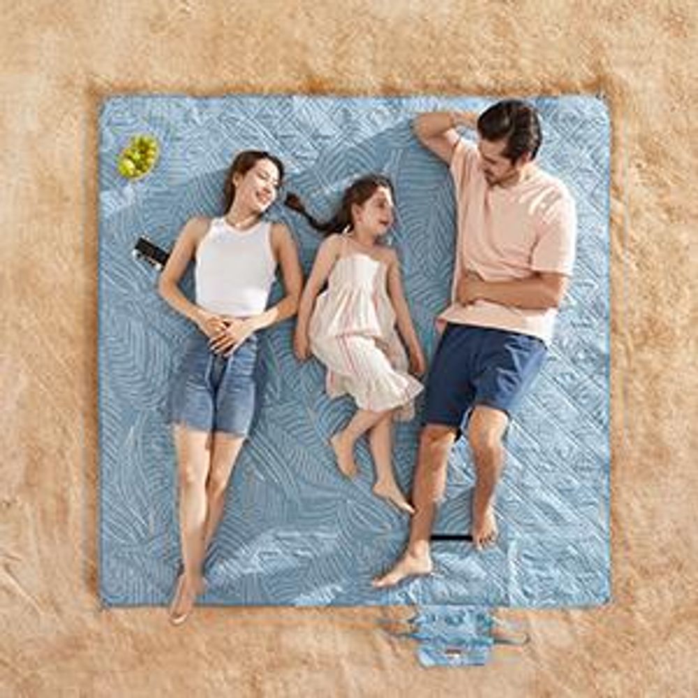 SONGMICS Picknickdecke, 200 x 200 cm, mit 4 Erdankern, maschinenwaschbar, hellblau mit tropischem Farn