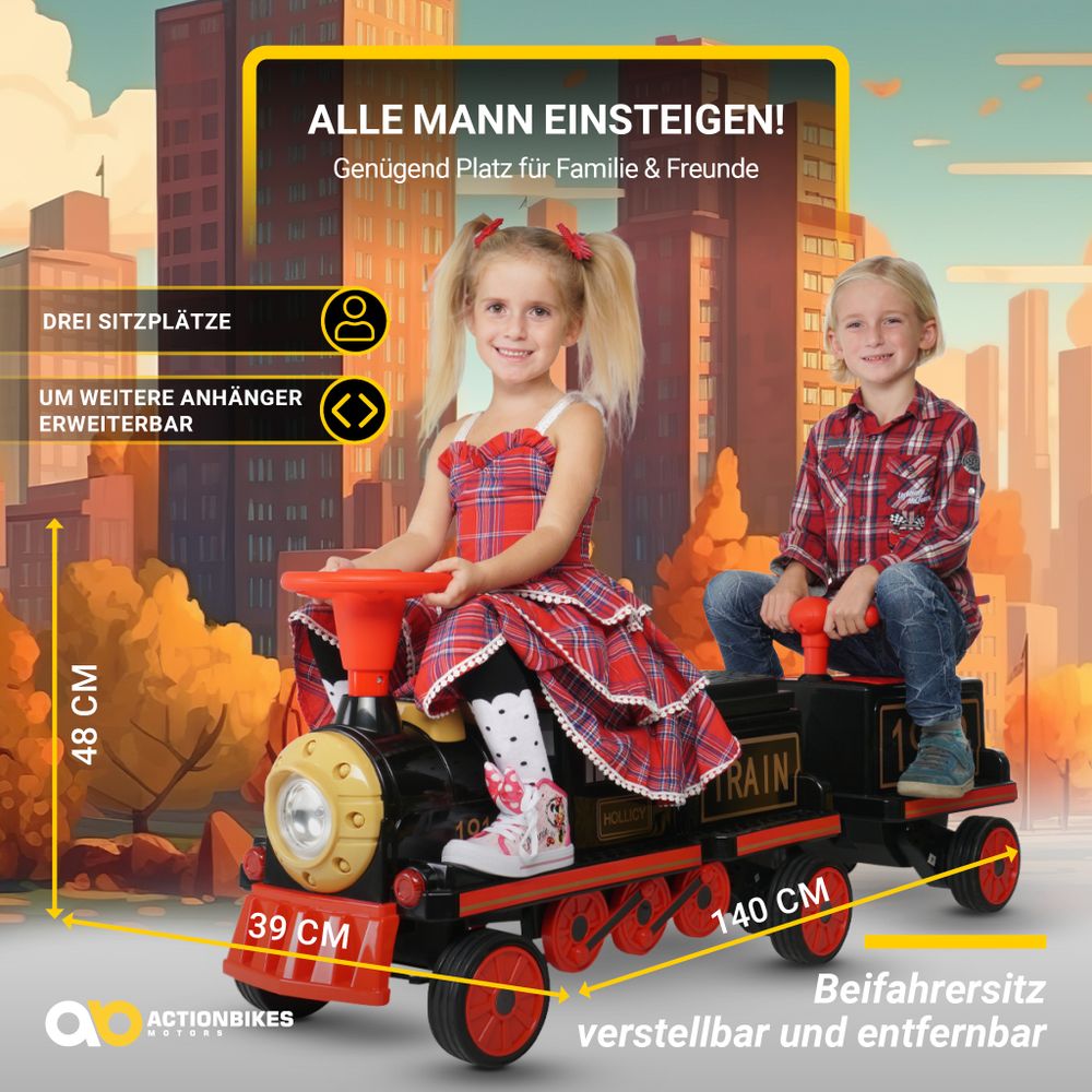 Actionbikes Motors Kinder Elektrozug mit Anhänger | Elektrischer Zug - Eisenbahn - 3-6 Jahre - 3 Sitze - bis 5 km/h - Scheinwerfer - Hupe & Musik(2.0)