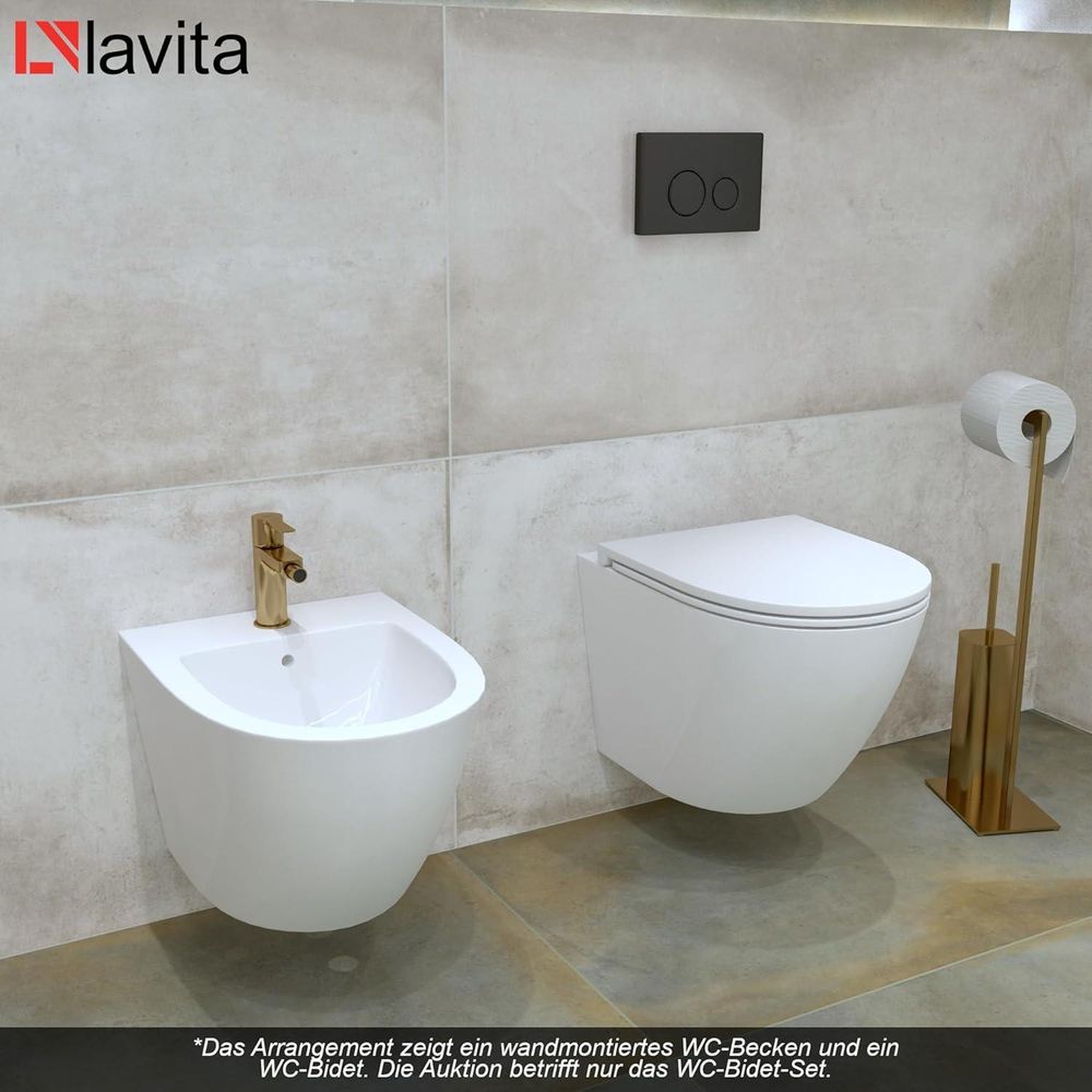 LAVITA Vorwandelement für Bidet LAV 500 + Wand-Bidet Sofi Komplettset | Wand-Hänge Bidet mit Hahnloch und Überlaufschutz aus Keramik | WC Toilette | Hygienisch und Pflegeleicht | 36,5x49x32,5 cm